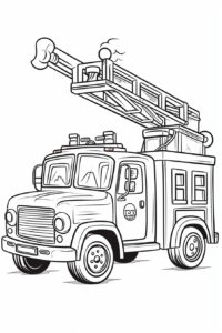 a ladder fire truck cartoon coloring book page for a toddler, very simple, no background, black and white outline, no shading, thick lines, --ar 2:3