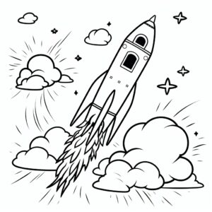 coloring book page of a rocket launching with a trail of smoke: minimalist, pixar-style, colouring for children, black lines, white background, ar 3:4-v 4