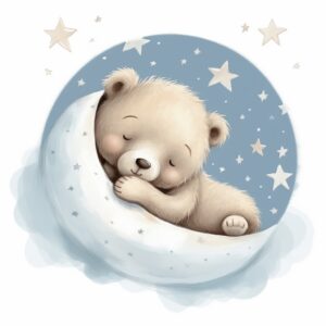 https://s.mj.run/efsZUk4cMfc illustrate a cute sleepy bear, sleeping on a half moon, little stars around, very detailed, kids illustration, Created using watercolor, white background, soft colors, soft blue and white colors palette, --stylize 40