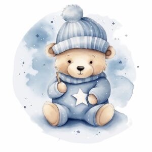 https://s.mj.run/mJbpXEZmBQQ illustrate a cute bear, wearing cute blue pajamas and hat, sitting, little stars around, watercolor blue background, very detailed, kids illustration, Created using watercolor, white background, soft colors, soft blue and white colors palette, --stylize 40