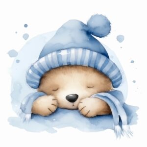 https://s.mj.run/pzKEbfL2c8Y illustrate a cute bear, wearing cute blue hat, sleeping, watercolor blue background, very detailed, kids illustration, Created using watercolor, white background, soft colors, soft blue and white colors palette, --stylize 40