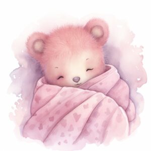 illustrate a cute baby bear, sleeping in a pink blanket, watercolor pink background, very detailed, kids illustration, Created using watercolor, white background, soft colors, soft pink and white colors palette, --stylize 70