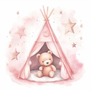 illustrate a cute bear, sleeping in a pink teepee tent, little stars around, very detailed, kids illustration, Created using watercolor, white background, soft colors, soft pink and white colors palette, --stylize 70