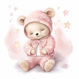 illustrate a cute sleepy bear, wearing cute pink pyjamas, little stars around, very detailed, kids illustration, Created using watercolor, white background, soft colors, soft pink and white colors palette, --stylize 70