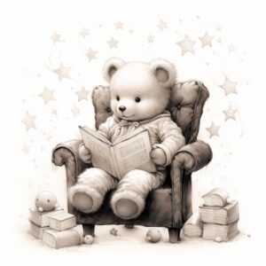 illustrate a cute teddy bear, sitting oon a cloud reading a book, little stars around, Created using pencil, vintage atmosphere, white background, very detailed, very realistic, gray moody palette --stylize 300