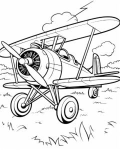 cartoon, simple, 2D, bi-plane,childrens coloring book, black and white, white background, --no shading, gradients --ar 8:10