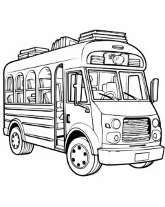 cartoon, simple, 2D, bookmobile, childrens coloring book, black and white, white background, --no shading, gradients --ar 8:10