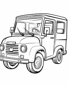 cartoon, simple, 2D, delivery van, childrens coloring book, black and white, white background, --no shading, gradients --ar 8:10