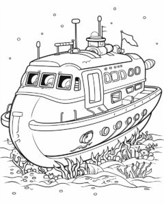 cartoon, simple, 2D, underwater research vessel, childrens coloring book, black and white, white background, --no shading, gradients --ar 8:10