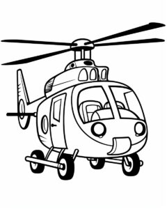 simple, 2D, helicopter, childrens coloring book, black and white, white background, --no shading, gradients --ar 8:10