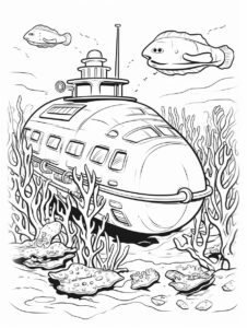 a childrens coloring book page of a submarine, clean line art --no color --ar 3:4