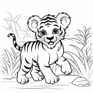 Create a coloring sheet with black lines and a white background of a baby tiger playing in the jungle for the purpose of creating a coloring sheet with black lines and a white background, you'll want to evoke the sense of adventure and wild beauty. Here's how you could describe a baby tiger playing in the jungle: Scene Description: Imagine an enchanting scene where a lively baby tiger roams through the lush jungle, its playful antics filling the air with energy. The stark contrast of black lines against a pristine white background emphasizes the dramatic beauty of this untamed world. Baby Tiger's Body: Begin by envisioning the baby tiger's sturdy yet graceful body, full of youthful energy. Picture its sleek, muscular form, the powerful shoulders, and the agile limbs that give it the ability to explore its surroundings. Jungle Setting: No shading, black lines only, Describe the jungle around the baby tiger. Envision towering trees with intertwining branches, dense undergrowth, and vibrant leaves. Mention how the jungle forms a natural playground for the tiger's adventures. Playful Activities: Capture the baby tiger's playful activities. Visualize it leaping with enthusiasm, its paws touching the ground in mid-pounce. Picture it rolling, chasing its own tail, or hiding behind foliage in a game of hide-and-seek. Stripes and Details: Illustrate the baby tiger's distinctive stripes, which add to its allure. Use bold black lines to create these patterns, emphasizing their unique arrangement on its body. Add finer lines for the fur, hinting at its texture. Expression and Features: Depict the baby tiger's face in mid-play. Its eyes should be wide and gleaming with curiosity, capturing the spirit of adventure. Craft a playful expression with a slightly open mouth, as if it's letting out a joyful roar. Background and Atmosphere: With the white background, the baby tiger and the jungle's beauty stand out dramatically. The clean contrast allows for the focus to remain on the intricate details of the scene. Other Elements (Optional): Consider adding a few hints of other jungle creatures, like birds or a hidden snake, to create a more immersive jungle ambiance. These subtle touches can add depth to the coloring sheet. By describing these details, you're painting a vivid mental picture of a baby tiger's playful escapades in the jungle against a white background. Encourage the person to use their creative skills to fill in the lines and bring this untamed world to life on their coloring sheet.