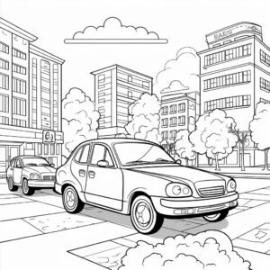 colouringbook for kids age 2-5 with diffrent cars. Cartoonstyle, thick, lines black and white, no shadow, low detail simplyfied and 2d