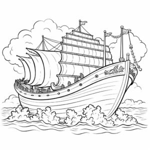 noah ship with a cartoon of animals on it, in the style of biblical grandeur coloring page for beginner