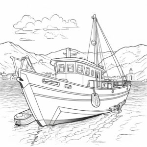 a childrens colouring page, of 1 small motor boat, no sailing yachts, no people, cartoon style, suitable for pre teen ages, low detail, no shading, no colour