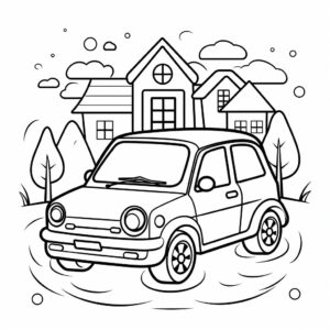 kawaii style random car, simple minimalistic style, black lines, black and white, random simple scenery, colouring book for kids