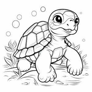 kawaii style turtle in a zoo, minimalistic, black lines, black and white, no background, colouring book for kids