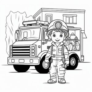 random child firefighter in fron of a fireengine in the city, vector, simple minimalistic style, black lines, black and white, no background, coloring book for small kids