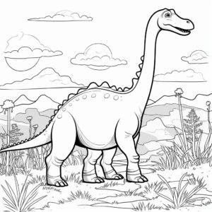 coloring page for kids, diplodocus in a grassland , cartoon style, low detail, thick lines, no shading