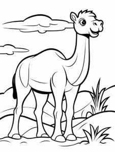 **Just use a flat page and only use the pure black and white colors the image will be totally flat and for a coloring book aimed at 2 year olds the main image will be a happy cartoon cute camel will be one in the middle of nature all this drawn in black and very thick lines with a lot of space between them and anger in a pure white: :2 background --ar 6:8 --stylize 50