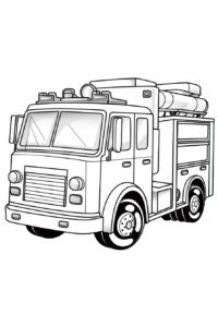 a child's coloring book of a line drawing of simple fire truck thick lines black and white coloring book white background white vector graphic, full body --ar 2:3 --stylize 50