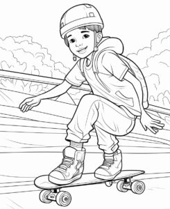 coloring pages for kids, outline only, thick lines, no shading, skateboarding --ar 9:11