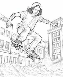 coloring pages for kids, outline only, thick lines, no shading, skateboarding --ar 9:11