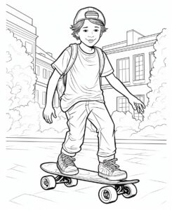 coloring pages for kids, outline only, thick lines, no shading, skateboarding --ar 9:11