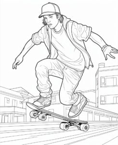 coloring pages for kids, outline only, thick lines, no shading, skateboarding --ar 9:11