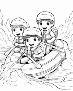 Coloring pages for kids, three Cute chubby little boy White Water Rafting, colorless, style simple, thick lines, no shading, no shading, --ar 4:5