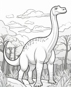 colouring page for kids, Brachiosaurus Stretching its Long Neck to Reach Leaves, cartoon style, very thick lines, low detail, no shading --ar 9:11