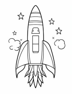 very simple coloring page, Illustrate rocket racers navigating sharp turns and twists in the vastness of space, easy to color, no complexity, no shadows, black outline, --ar 68:88