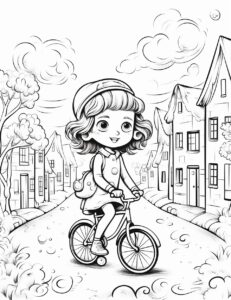 kids coloring page, cartoon style, black and white, white background, whimsical images, low details, no shading, thick lines, riding a bike --ar 85:110