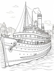 no shading, black and white, low details, white background, cartoon style, coloring page, thick line, tug boat --ar 85:110