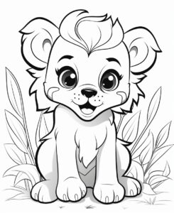 cheerful kawaii anime lion with charming eyes and adorable features, in whimsical woodland scene. simple coloring page, clean details, bold line art, clean line art, crisp line art, thick lines, black and white cartoon vector, white background --ar 9:11