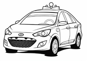 Cute police car, happy, cartoon style, well composed, clean coloring book page, white background, vector illustration, b&w lineart, thin black lines, sharp lines, very simple, low details --no dither, fill, solids, shading, gradient, colors, greyscale, shadows, blur --ar 7:5