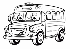 Cute school bus, happy, cartoon style, well composed, clean coloring book page for kids, white background, vector illustration, b&w lineart, thin black lines, sharp lines, very simple, low details --no dither, fill, solids, shading, gradient, colors, greyscale, shadows, blur --ar 7:5