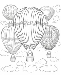 Easy Floating Hot Air Balloons coloring page line art drawing black and white, low details --ar 9:11