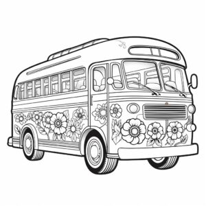 groovy, retro, flower power, bus, coloring page, simplistic with low detail, full page, line drawing, black-white-outline, flat 2d, on white background, --no shading, shade