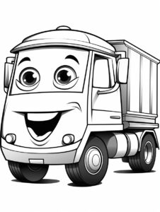 cute garbage truck in cartoon style, 2D outline, minimal details, no shading, no shadow, delicate monochrome children book illustration for ages 4-8, simple vector line art, thick lines, artistic, minimalistic illustration, digital drawing black and white coloring book page, white background --ar 34:45