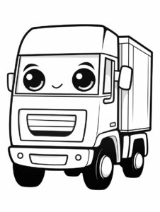 cute kawaii boxed truck in cartoon style, 2D outline, minimal details, no shading, no shadow, delicate monochrome children book illustration for ages 4-8, simple vector line art, thick lines, artistic, minimalistic illustration, digital drawing black and white coloring book page, white background --ar 34:45