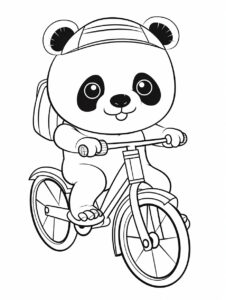 cute kawaii panda riding a bike at the park in cartoon style, 2D outline, minimal details, no shading, no shadow, delicate monochrome children book illustration for ages 4-8, simple vector line art, thick lines, artistic, minimalistic illustration, digital drawing black and white coloring book page, white background --ar 34:45