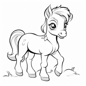 cute horse cartoon coloring page for kids, happy, --no background, --ar 1:1