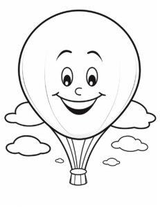 coloring page of the big childish baloon-character floating in the sky in style o childish cartoon, white background, contrasting balance, oversized objects, simple line art, easy to color, one line, clean lines, bold strokes, simplistic cartoon --ar 76:99 --style raw