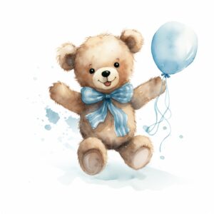 cute happy teddy bear wearing baby blue ribbon jumping, watercolor style, white background