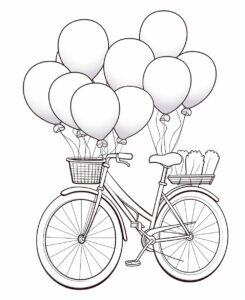 coloring book of bicycle and balloons. Use clean style of coloring book, vector lines No fill, No black solids, no shading, white background, single line, No dither --ar 9:11