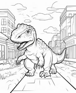 coloring pages for kids, tyranosaurus rex on road with the town in background, cartoon style, thick lines, low Detail,Black and white, No Shading --ar 9:11