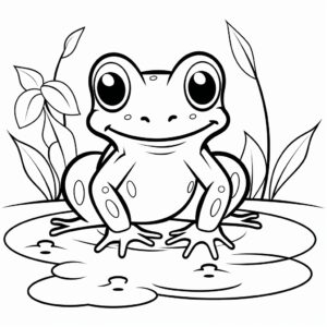 a black and white coloring book page for kids featuring a cute frog, no background, clean line art, 2:3