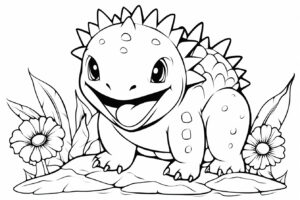 cute baby smiling Stegosaurus in a prehistoric scene, coloring page, black-and-white outline, monochrome, simple outline, flat, 2d, on white background ::1.5 coloring page, outline ::0.5 gradients ::-1 --ar 3:2 --style raw