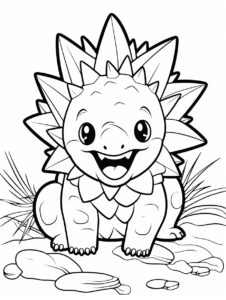 cute baby smiling Stegosaurus in a prehistoric scene, coloring page, black-and-white outline, monochrome, simple outline, flat, 2d, on white background ::1.5 coloring page, outline ::0.5 gradients ::-1 --ar 3:4 --style raw